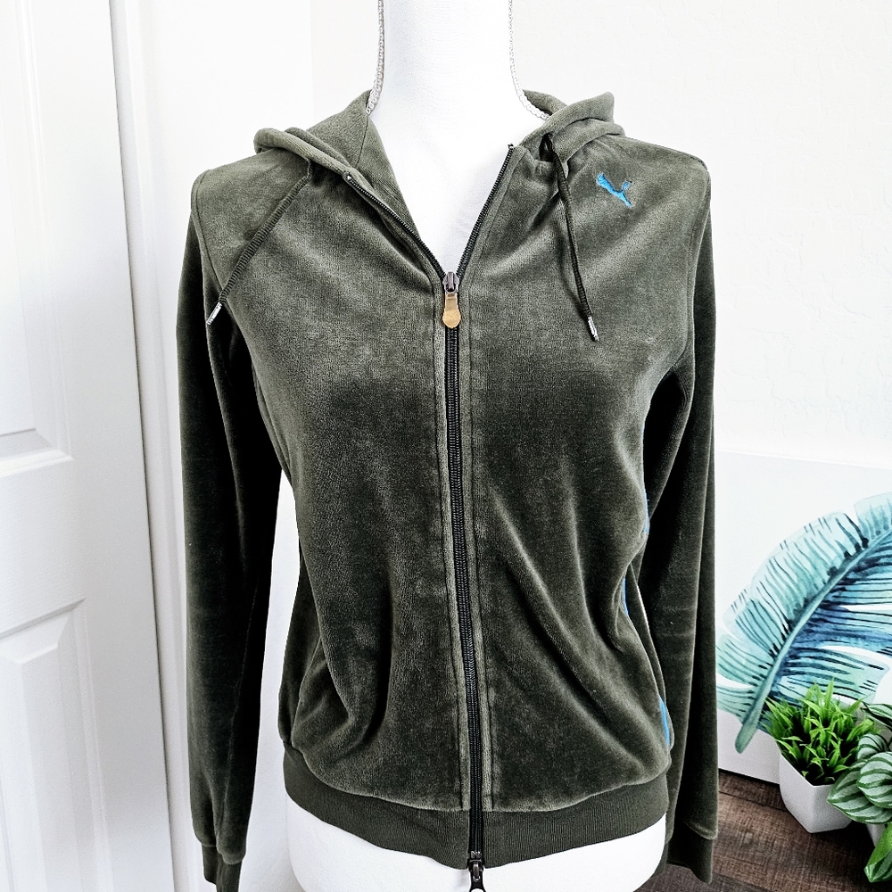 🆑️3/$15 Puma Y2K Olive Green Velour Zip-Up Hoodie Jackie SZ Small